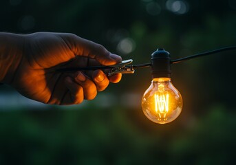 Hand holding a glowing vintage light bulb on a string at night.