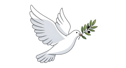 Obraz premium White Dove Flying with Olive Branch Symbol of Peace and Harmony on Plain White Background