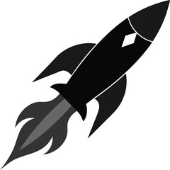 Black rocket ship silhouette with fiery exhaust blasting off into space isolated on white background isolated on transparent background