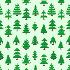 A seamless pattern of retro pixelated Christmas trees. Creative digital assets for holiday projects with a nostalgic 8-bit vibe for a playful and trendy textile, wrapping paper, or digital background
