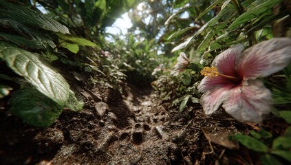 Lush jungle path, vibrant flowers