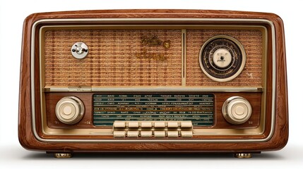 Fototapeta premium Vintage wooden radio receiver, featuring knobs, dial, and buttons against white
