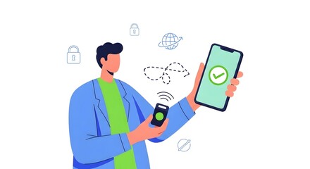 Digital Security Man Holding Smartphone with Checkmark in Modern Illustration
