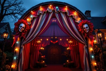 a nightmare circus archway, tattered striped fabric stretched, creepy clown masks pinned on sides, glowing flickering bulbs, eerie carnival vibe for trick or treaters.