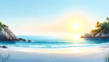 Fototapeta premium リゾート 海岸 波 砂浜 夏 太陽 晴れ 穏やか 癒やし 爽やか 南国 青空 輝き 楽園 休暇 ビーチ ヤシの木