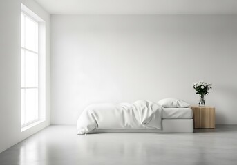 Minimalist bedroom interior with bed, window, and flowers isolated on white background