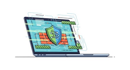 Digital Cybersecurity Concept Illustration of Laptop with Shield and Network Icons