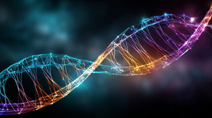 Blue DNA double helix with water molecule blue background. Human genetic research DNA, laboratory environment. Abstract image of human genetics, which glowing DNA strands merge with digital elements