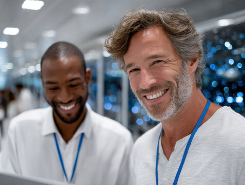 Network engineers smiling and working together in data center control room