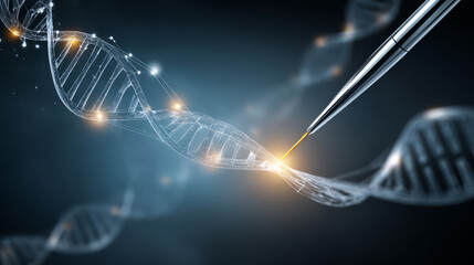 Blue DNA double helix with water molecule blue background. Human genetic research DNA, laboratory environment. Abstract image of human genetics, which glowing DNA strands merge with digital elements