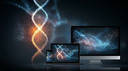 Blue DNA double helix with water molecule blue background. Human genetic research DNA, laboratory environment. Abstract image of human genetics, which glowing DNA strands merge with digital elements