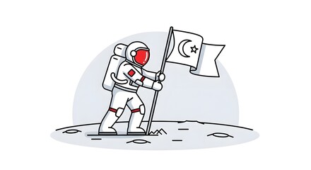 Astronaut in White Suit Holding Flag with Crescent Moon and Star on Moon Surface