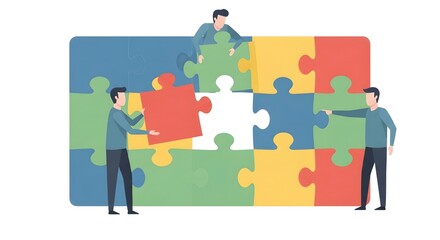 Teamwork Collaboration People Connecting Puzzle Pieces in Bright Colorful Office Setting