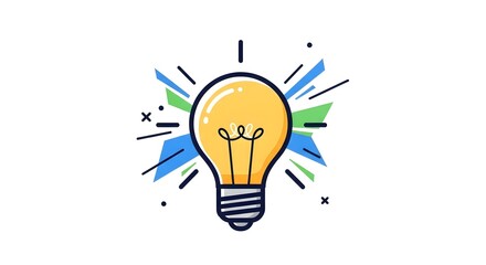 Illustration of Bright Yellow Light Bulb with Colorful Dynamic Lines and Sparks on White Background