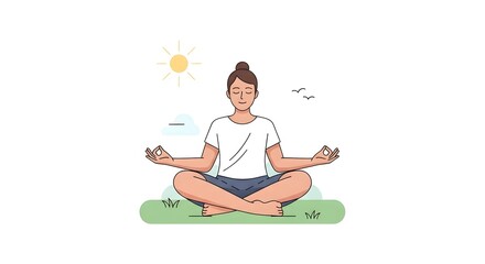 Young Woman Meditating Sitting Cross Legged in Outdoor Nature Scene with Sun and Clouds