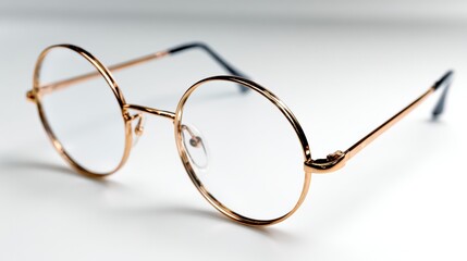 A pair of gold-rimmed circular glasses on a white surface