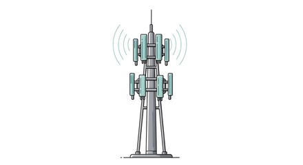 Wireless Communication Tower with Antennas and Signal Waves