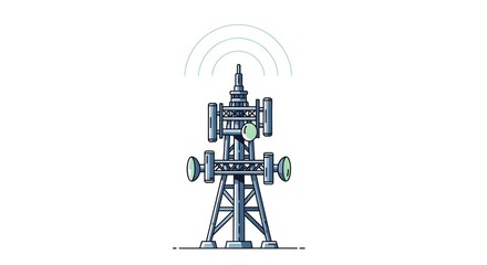 Telecommunication Tower with Antennas and Signal Waves on White Background