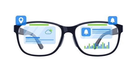 Smart Eyeglasses with Digital Display Showing Weather Notifications and Data Analytics