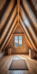 Cozy attic space with exposed rafters and a large window overlooking the sky