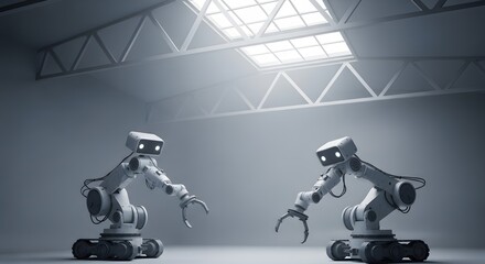 Two Modern Industrial Robots with Articulated Arms in Bright Factory Setting