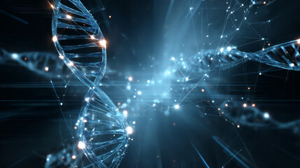 Blue DNA double helix with water molecule blue background. Human genetic research DNA, laboratory environment. Abstract image of human genetics, which glowing DNA strands merge with digital elements