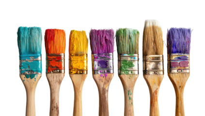Colorful paintbrushes, various hues, wooden handles, close-up