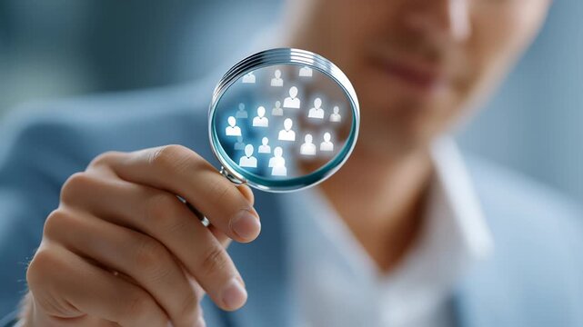 Man looks through magnifying glass at digital icons representing people in a modern office. Bright workspace promotes concepts of data analysis, digital marketing, technology solutions - Powered by Adobe