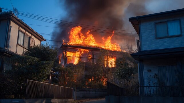 火事で燃える日本の家
