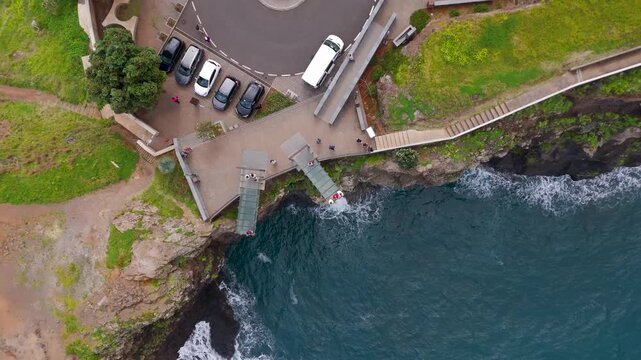 Aerial Drone Shot Rising Over Guindaste Glass Observation Deck In Faial, Madeira, Portugal