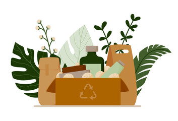 Recycled cardboard box with eco packaging - glass and paper containers, soap, and protective packing among leaves. Concept for sustainable shipping, refill, and zero waste branding