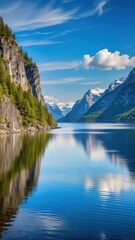 Naklejka premium Majestic fjord with snow-capped mountains and serene lake waters
