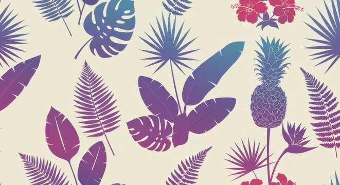 Tropical Leaves and Flowers Pattern on Cream Background.
