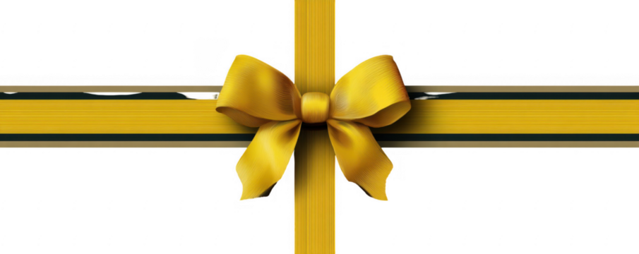 Elegant golden satin ribbon tied into a decorative bow with crossing horizontal and vertical bands