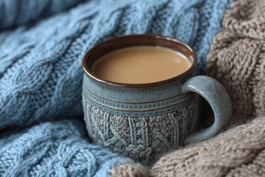 Cozy blue mug of coffee nestled in knit blankets