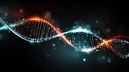 Blue DNA double helix with water molecule blue background. Human genetic research DNA, laboratory environment. Abstract image of human genetics, which glowing DNA strands merge with digital elements