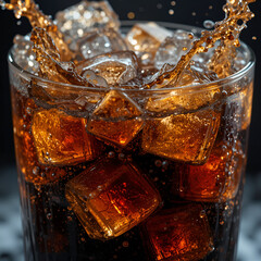 glass of cola with ice cubes