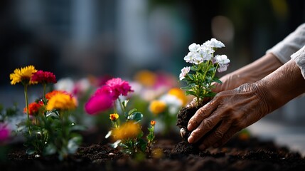 Elderly hands carefully plant a flower