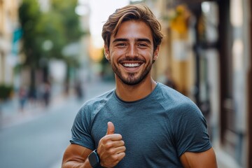 Happy young man doing sports and running, standing on a city street, looking at his wrist tracker, and showing a success gesture with his hand, celebrating his fitness achievement, Generative AI