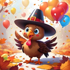 Naklejka premium Joyful cartoon turkey with pilgrim hat celebrates Thanksgiving surrounded by colorful balloons and autumn leaves