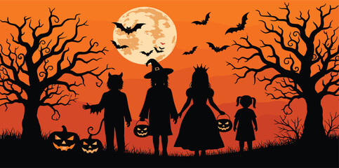 Group of children in costumes for halloween on white background.