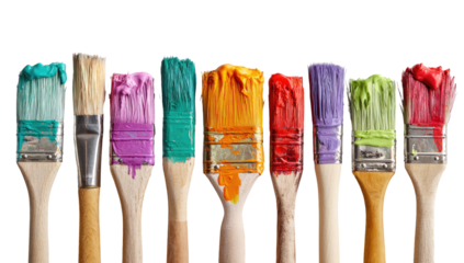 Row of paintbrushes, various colors, dripping with paint