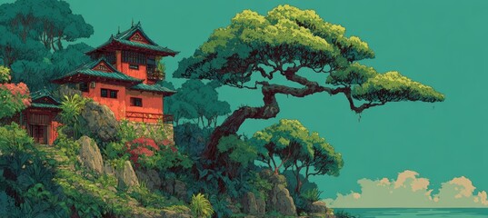 Japanese castle and Sakura tree. Traditional oriental painting style background. Generative AI technology.	
