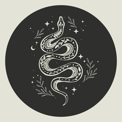 Silhouette of snake with leaf branches. Abstract minimalist boho vector flat illustration