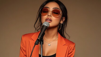 Young Woman in Orange Blazer Singing into Microphone with Round Sunglasses and Jewelry 