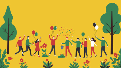 Diverse group of happy people celebrating outdoors with balloons, gifts, and confetti. Flat design illustration of joyful community event.