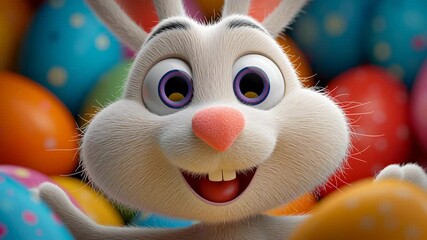 Cartoon bunny smiling and looking at camera, surrounded by bright Easter eggs in festive setting. Cheerful atmosphere filled with vibrant colors - Powered by Adobe