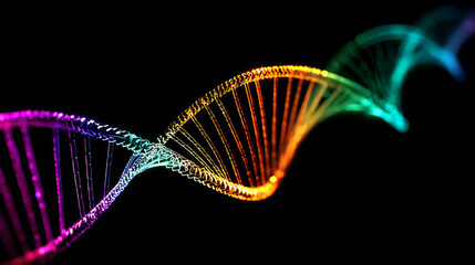 Blue DNA double helix with water molecule blue background. Human genetic research DNA, laboratory environment. Abstract image of human genetics, which glowing DNA strands merge with digital elements