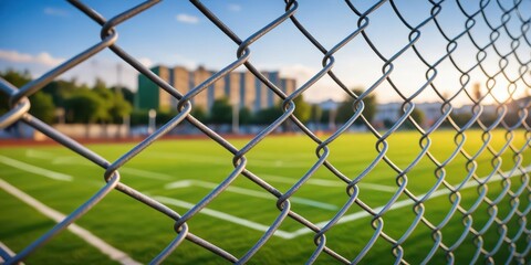 Fototapeta premium Metal mesh fence with blurred football field