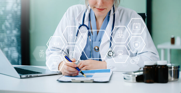 Dentist using tablet and digital interfaces for modern dental care, showcasing innovative technology, advanced healthcare, and professional oral treatment solutions. - Powered by Adobe